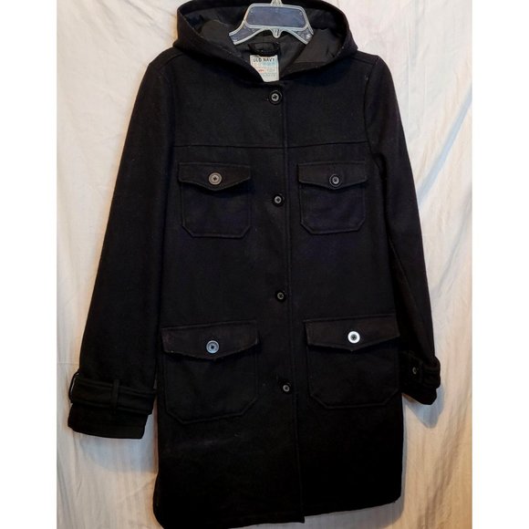Vintage Old Navy Wool Blend Pea Coat Hood Black Long Button Up Medium Pockets - Picture 1 of 11